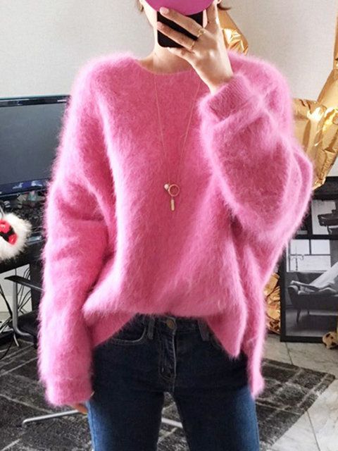 Sweaters & Cardigans,Pink,Long Sleeve,Casual,Knitted,Faux fur,Crew .