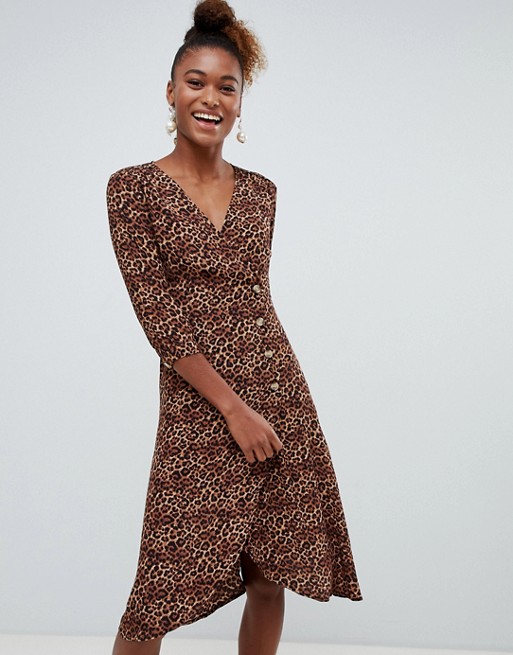 Monki leopard print wrap dress with buttons in brown | AS