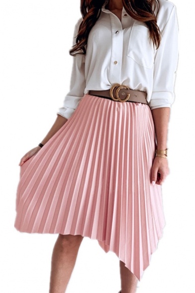 Summer Hot Fashion Simple Plain Midi Asymmetrical Pleated Skirt .