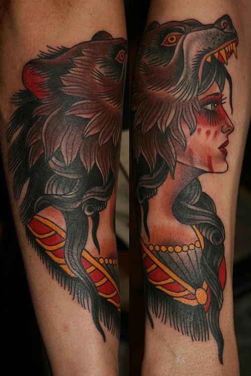Stefan Johnsson - Woman in bear headdress | Dragon sleeve tattoos .