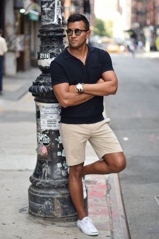 Beige Shorts with Black Polo Casual Outfits For Men (4 ideas .