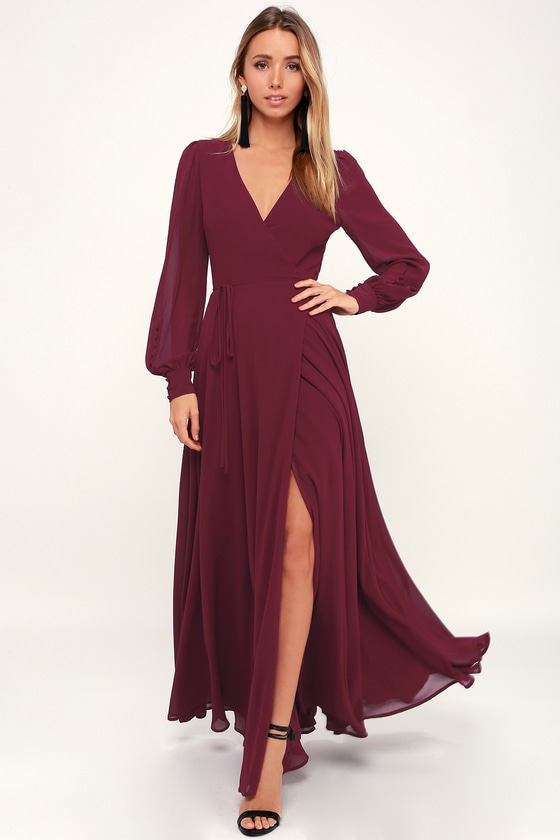 Glam Burgundy Dress - Maxi Dress - Wrap Dress - Long Sleeve Dress .
