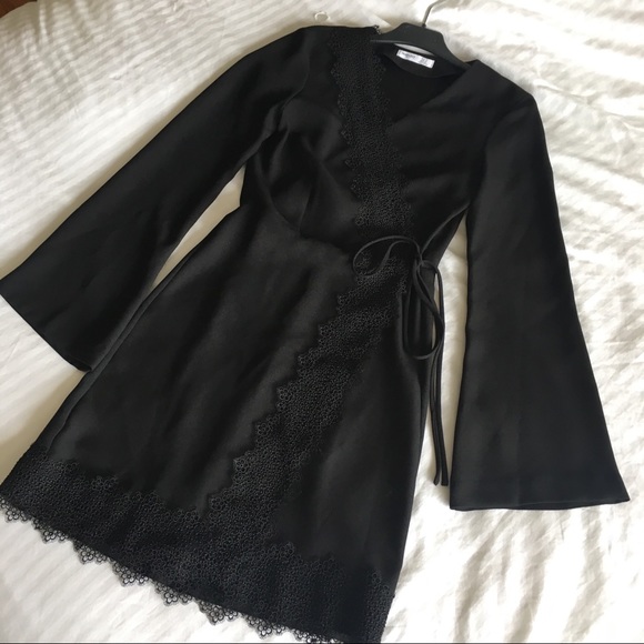 Mango Dresses | Black Lace Long Bell Sleeve Wrap Dress | Poshma