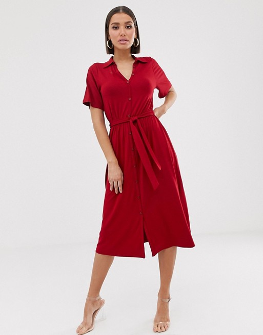 ASOS DESIGN midi belted shirt dress in red | AS