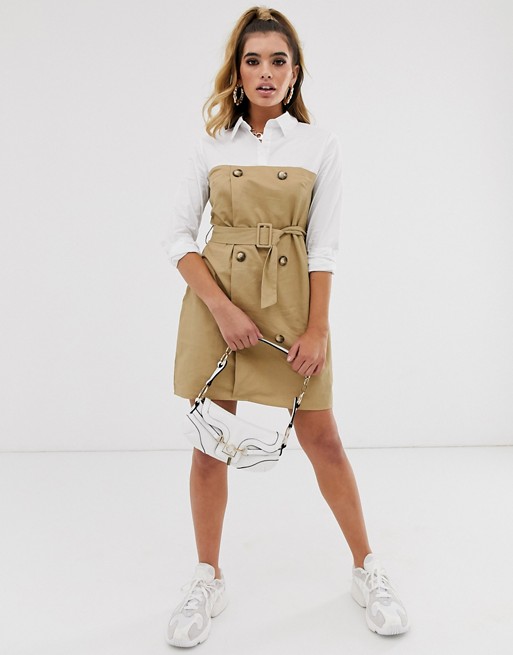 Missguided belted shirt dress with mixed fabric in tan | AS