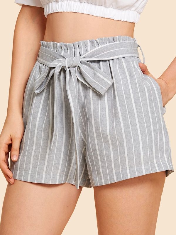 Self Belted Striped Shorts -SheIn(Sheinside) | Short outfits .