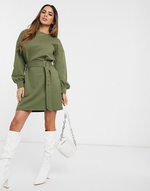 Influence belted sweater dress in khaki | AS