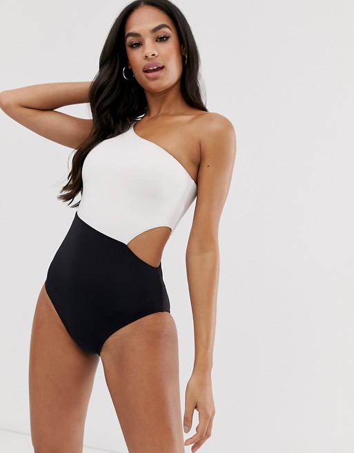 Seafolly one shoulder swimsuit in black and white color block | AS