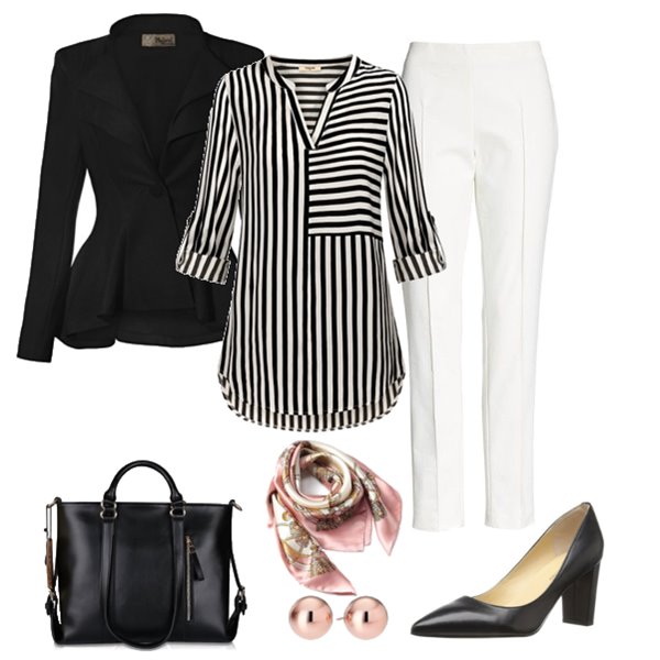 Capsule Wardrobe Spring work outfit with Black bag Striped blouse .