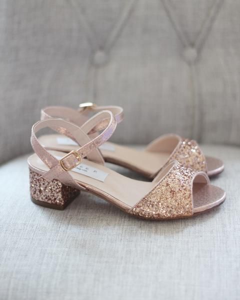 ROSE GOLD Rock Glitter Block Heel Sandals in 2020 | Girls wedding .