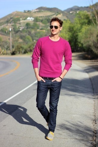 Hot Pink Crew-neck Sweater Outfits For Men (45 ideas & outfits .