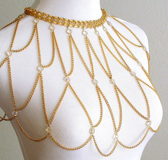 Vintage Body Chain Necklace Shoulder Capelet Gold Clear Crystals .