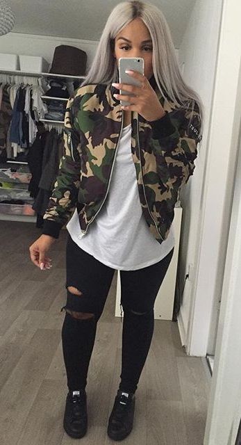 Bomber jacket outfit, camo, and sneaker style. | Clothes, Fashion .