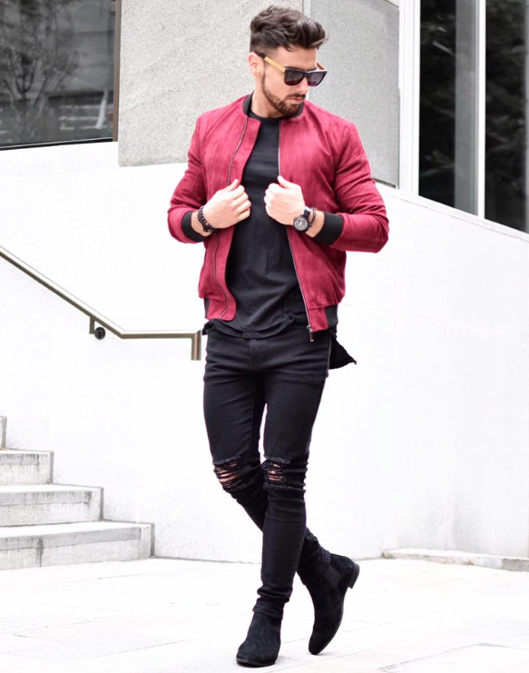 All black with a pop of red | Bomber jacket fashion, Red bomber .