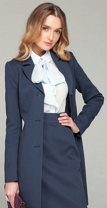 Dressed In Proper Work Outfit - Bow Blouse Pencil Skirt And Coat .