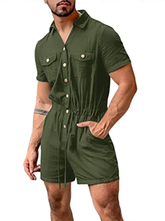 Bbalizko Mens Rompers Jumpsuits Cotton Button Down Short Sleeve .