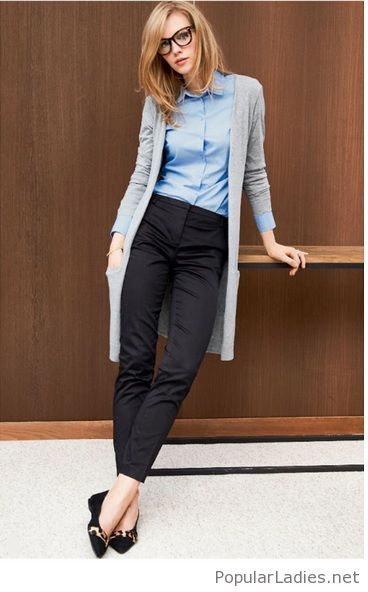 black-pants-blue-shirt-and-a-long-grey-cardigan | Work outfits .