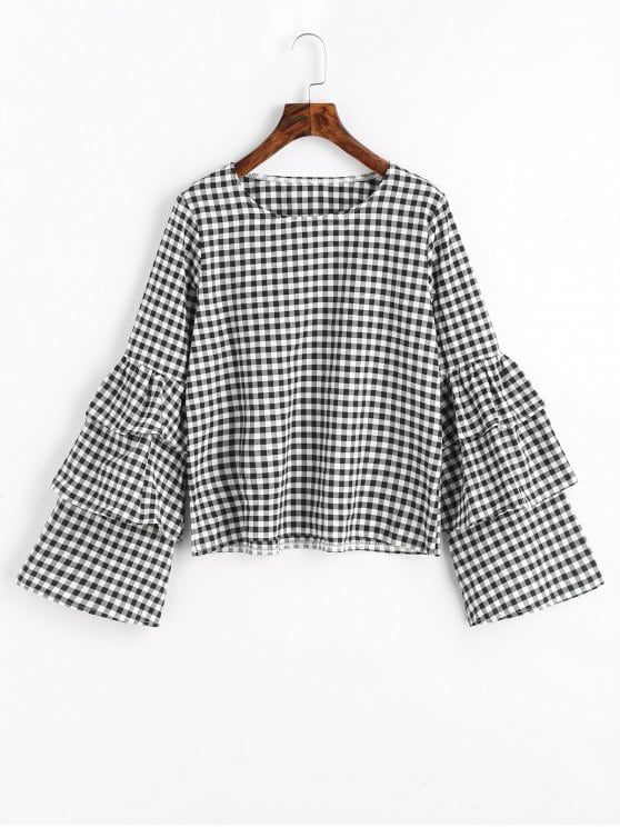 Tiered Flare Sleeve Checked Blouse CHECKED | Blouses for women .