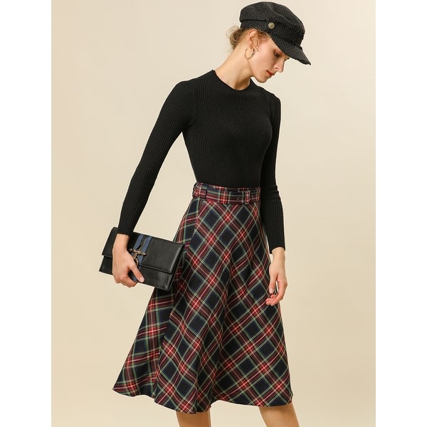 Shop Women's Plaid Check Belted Swing Midi Skirt High Waist Grid .
