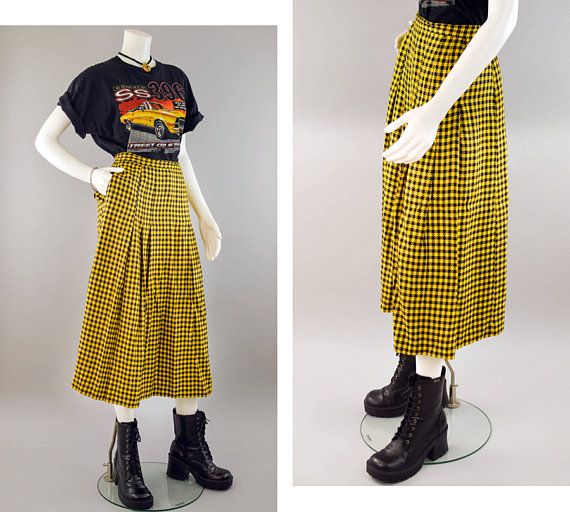 70s Long Maxi Skirt Vintage, Black & Yellow Plaid High Waisted .