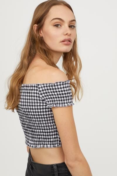 Smocked off-the-shoulder top - White/Black checked - Ladies | H&M .