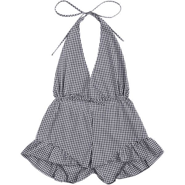Halter Open Back Ruffle Checked Romper ($15) ❤ liked on Polyvore .