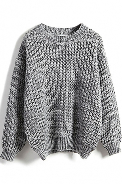 Round Neck Plain Long Sleeve Chunky Knit Sweater - Beautifulhalo.c