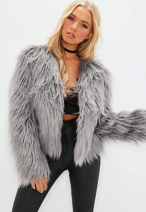 Missguided Gray Collarless Shaggy Coat | Fur coat outfit, Coat .