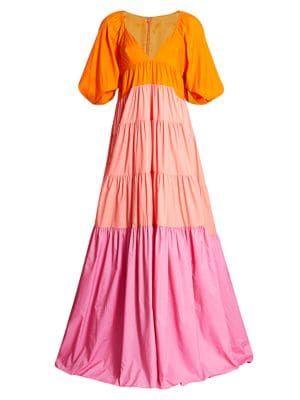 Staud Meadow Tiered Color-block Crepe Maxi Dress In Pink .
