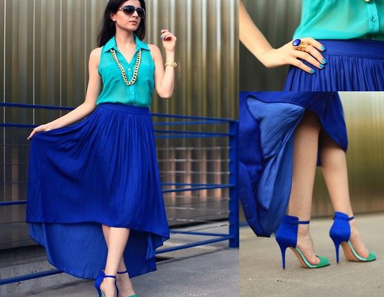 Zara Cobalt Blue Maxi Skirt, Zara Colorblock Sandals, Blouse .