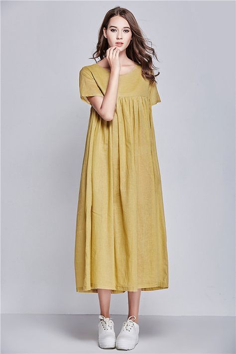yellow linen dress for women. Extravagant flattering loose dress .