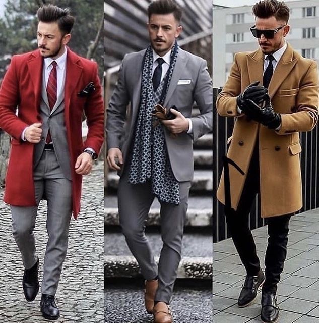 Three fall dapper outfits with scarfs and topcoats well done .