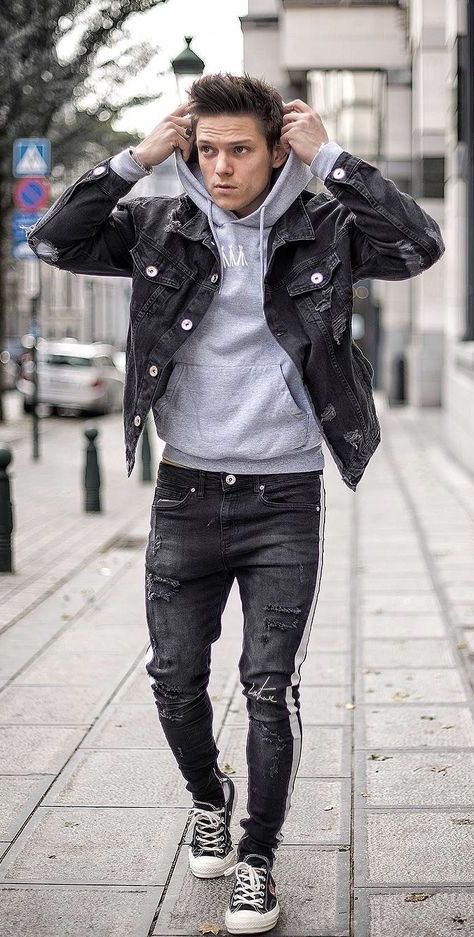 loic_vanlang - Casual fall outfit idea with a black denim jacket .