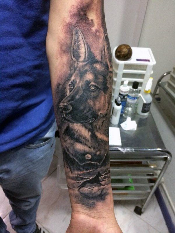 Mens Forearm Sleeve Shaded German Shepherd Memorial Tattoo Ideas .