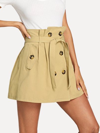 Double Button Self Tie Waist Skirt -SheIn(Sheinside) | Bottom .