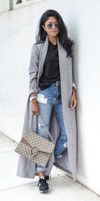 Sheryl Luke + grey duster coat + cosy paired + distressed jeans + .