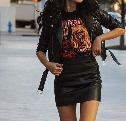 Edgy Outfit Essentials: Leather jacket, leather mini skirt, band .
