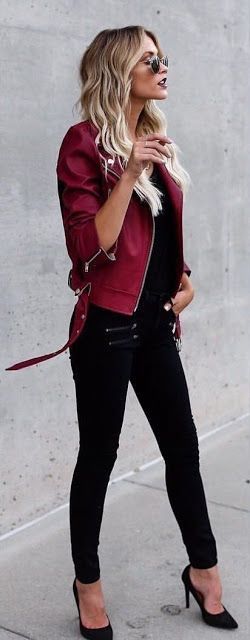 Edgy street style | Black outfit with red leather jacket | Fashion .