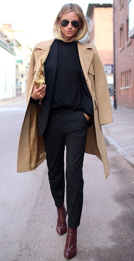 layered winter outfit idea for work / trench coat + blazer + .