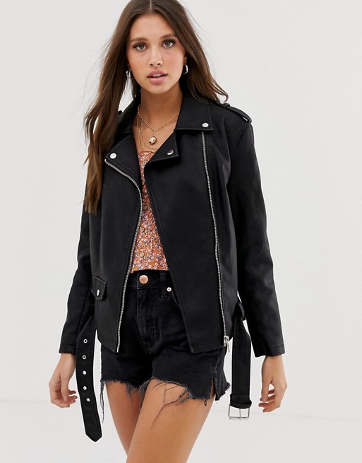 New Look oversized leather look biker jacket in black | AS