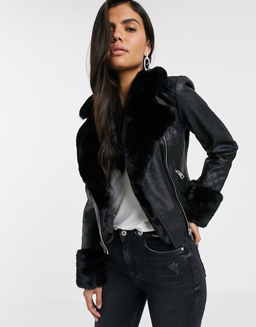 River Island faux leather biker jacket with faux fur collar and .