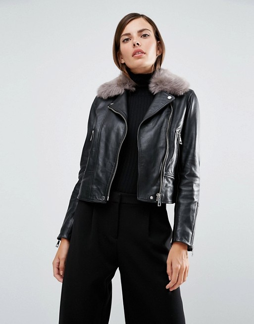 Whistles Real Leather Jacket with Faux Fur Collar | AS