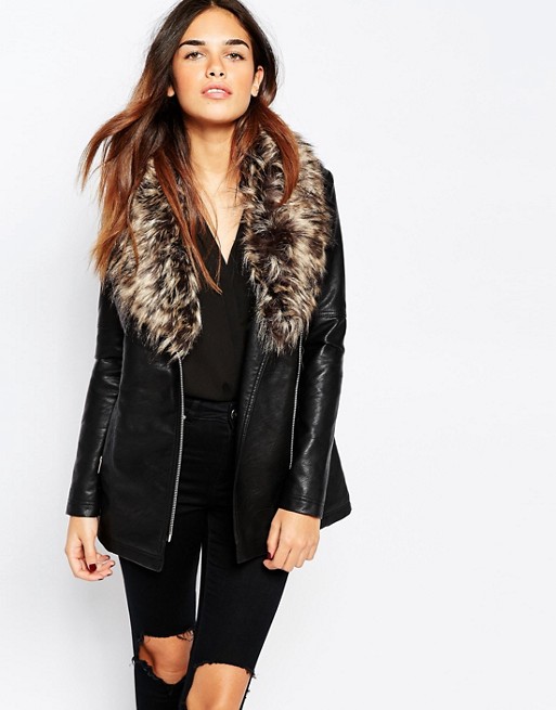 Warehouse Faux Leather and Faux Fur Collar Jacket | AS