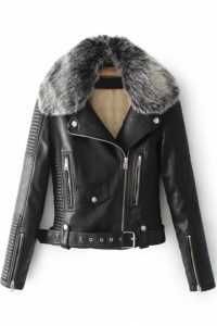 Faux Fur Collar Long Sleeve Offset Zip Closure Cropped Leather .