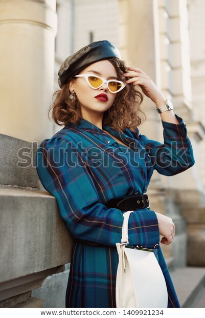 Fashionable Curly Woman Wearing Trendy Leather Stock Photo (Edit .