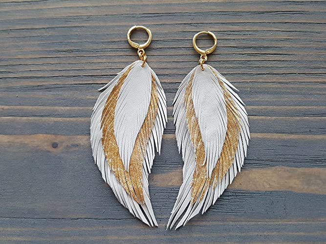 Amazon.com: White Leather Feather Earrings Long Dangle Bohemian .