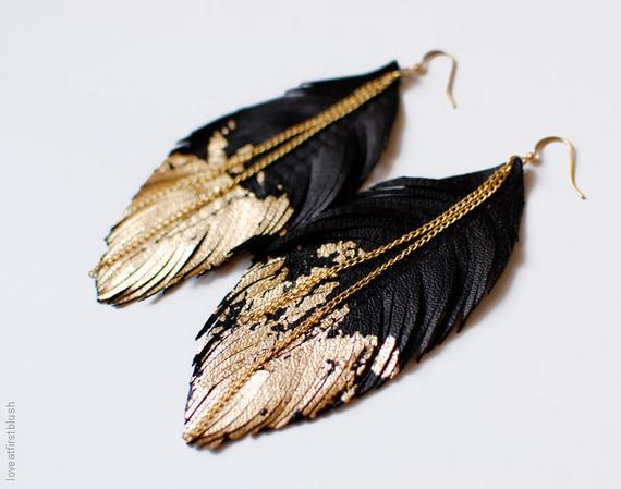 Leather Feather Earrings Black Leather Dipped in Gold | Et