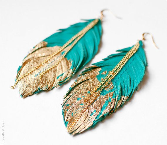 Feather Earrings - Leather Feather Jewelry - Dipped in Gold .