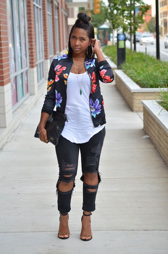 Make your outfits glamorous with a floral bomber jacket .