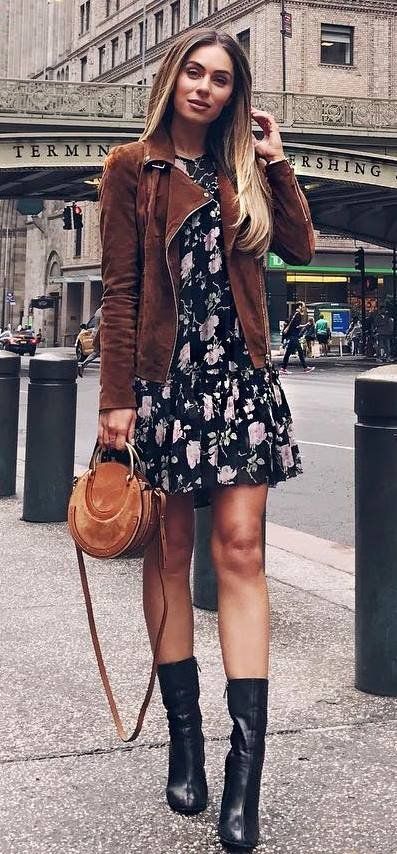 awesome fall outfit : brown jacket + floral dress + bag + boots .